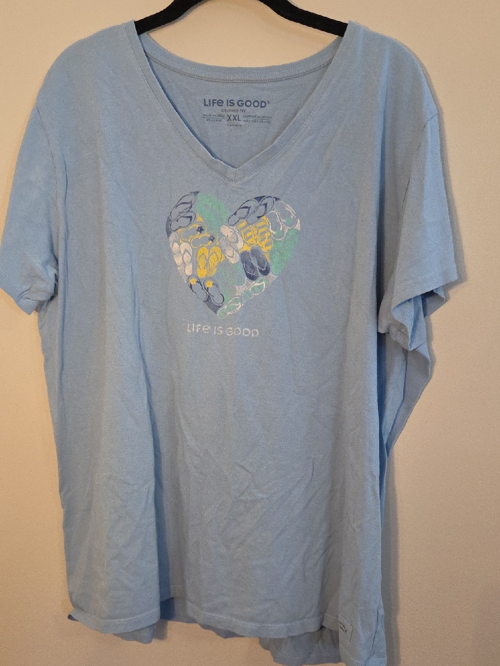 Life Is Good Light Blue V-Neck Tee with Heart Graphic